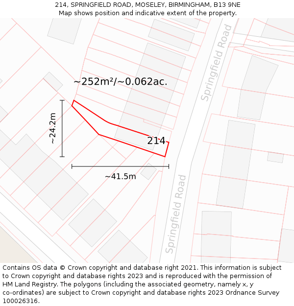 214, SPRINGFIELD ROAD, MOSELEY, BIRMINGHAM, B13 9NE: Plot and title map