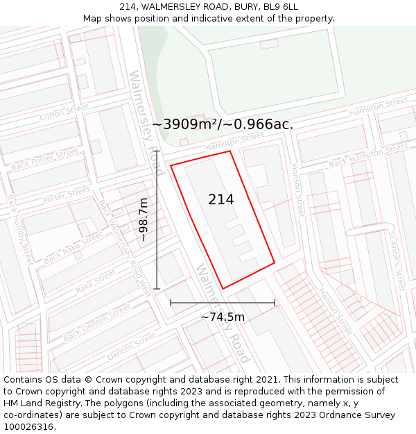 214, WALMERSLEY ROAD, BURY, BL9 6LL: Plot and title map