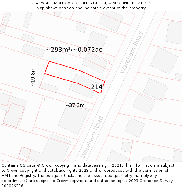 214, WAREHAM ROAD, CORFE MULLEN, WIMBORNE, BH21 3LN: Plot and title map