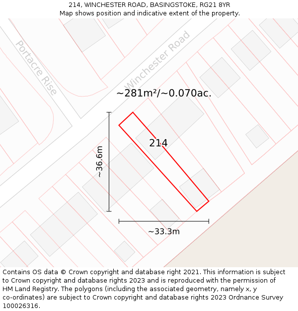 214, WINCHESTER ROAD, BASINGSTOKE, RG21 8YR: Plot and title map