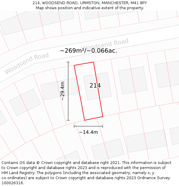 214, WOODSEND ROAD, URMSTON, MANCHESTER, M41 8PY: Plot and title map
