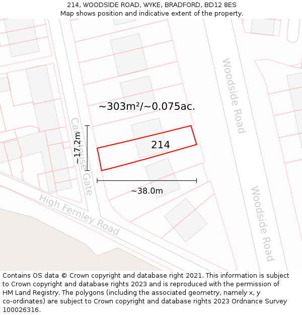 214, WOODSIDE ROAD, WYKE, BRADFORD, BD12 8ES: Plot and title map