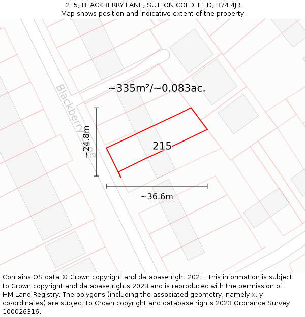 215, BLACKBERRY LANE, SUTTON COLDFIELD, B74 4JR: Plot and title map