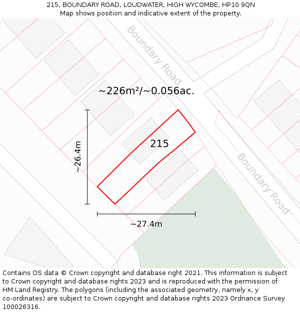 215, BOUNDARY ROAD, LOUDWATER, HIGH WYCOMBE, HP10 9QN: Plot and title map