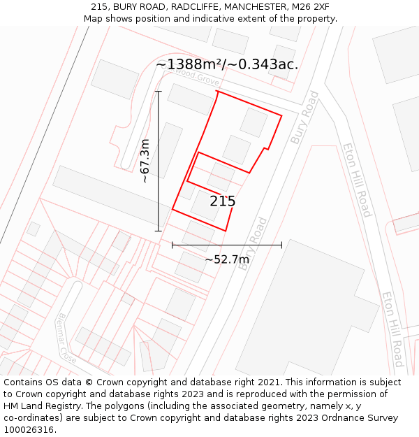 215, BURY ROAD, RADCLIFFE, MANCHESTER, M26 2XF: Plot and title map
