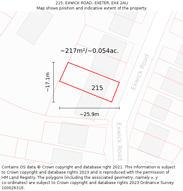 215, EXWICK ROAD, EXETER, EX4 2AU: Plot and title map