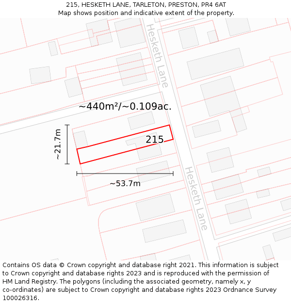 215, HESKETH LANE, TARLETON, PRESTON, PR4 6AT: Plot and title map