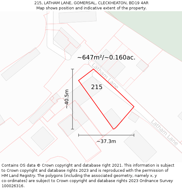 215, LATHAM LANE, GOMERSAL, CLECKHEATON, BD19 4AR: Plot and title map