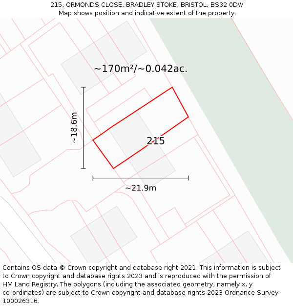 215, ORMONDS CLOSE, BRADLEY STOKE, BRISTOL, BS32 0DW: Plot and title map