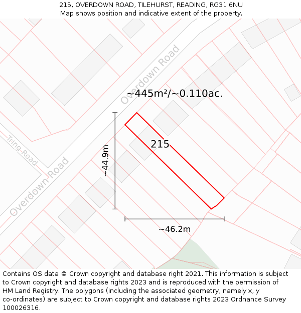 215, OVERDOWN ROAD, TILEHURST, READING, RG31 6NU: Plot and title map