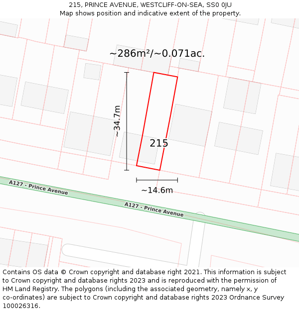 215, PRINCE AVENUE, WESTCLIFF-ON-SEA, SS0 0JU: Plot and title map