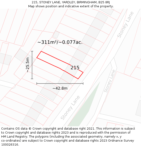 215, STONEY LANE, YARDLEY, BIRMINGHAM, B25 8RJ: Plot and title map