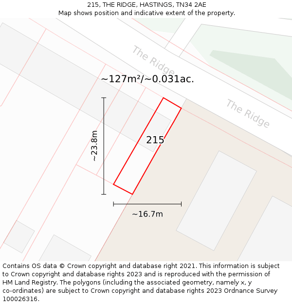 215, THE RIDGE, HASTINGS, TN34 2AE: Plot and title map