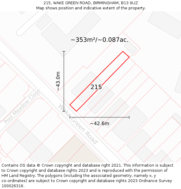 215, WAKE GREEN ROAD, BIRMINGHAM, B13 9UZ: Plot and title map