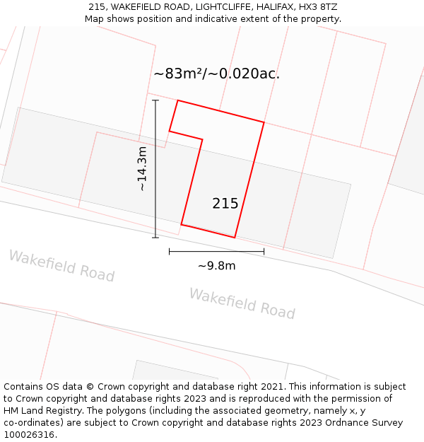 215, WAKEFIELD ROAD, LIGHTCLIFFE, HALIFAX, HX3 8TZ: Plot and title map