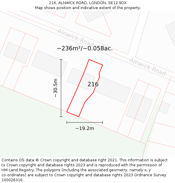 216, ALNWICK ROAD, LONDON, SE12 9DX: Plot and title map
