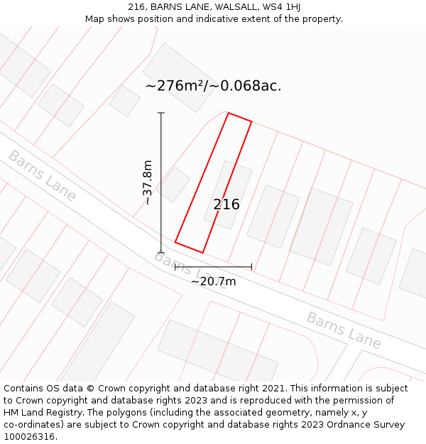 216, BARNS LANE, WALSALL, WS4 1HJ: Plot and title map