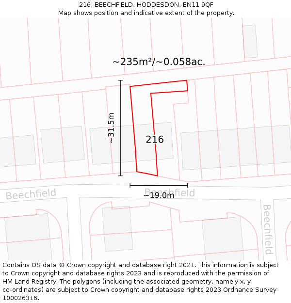216, BEECHFIELD, HODDESDON, EN11 9QF: Plot and title map