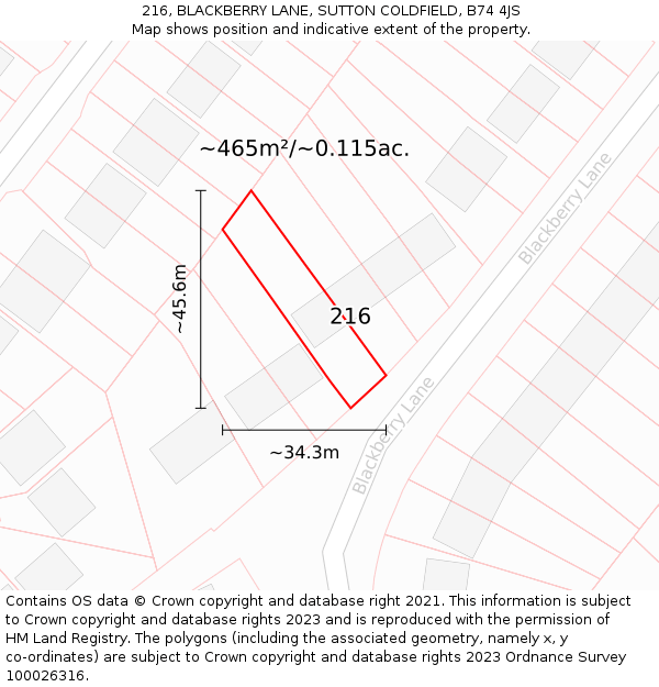 216, BLACKBERRY LANE, SUTTON COLDFIELD, B74 4JS: Plot and title map