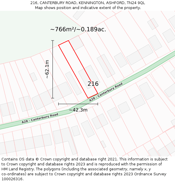 216, CANTERBURY ROAD, KENNINGTON, ASHFORD, TN24 9QL: Plot and title map