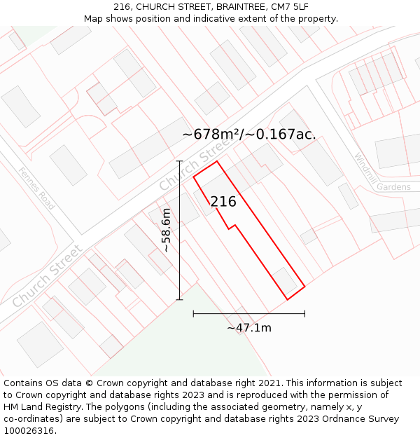 216, CHURCH STREET, BRAINTREE, CM7 5LF: Plot and title map