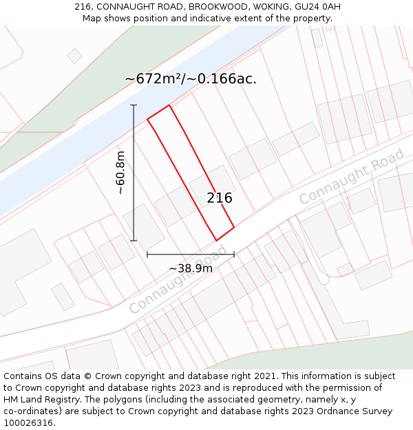 216, CONNAUGHT ROAD, BROOKWOOD, WOKING, GU24 0AH: Plot and title map