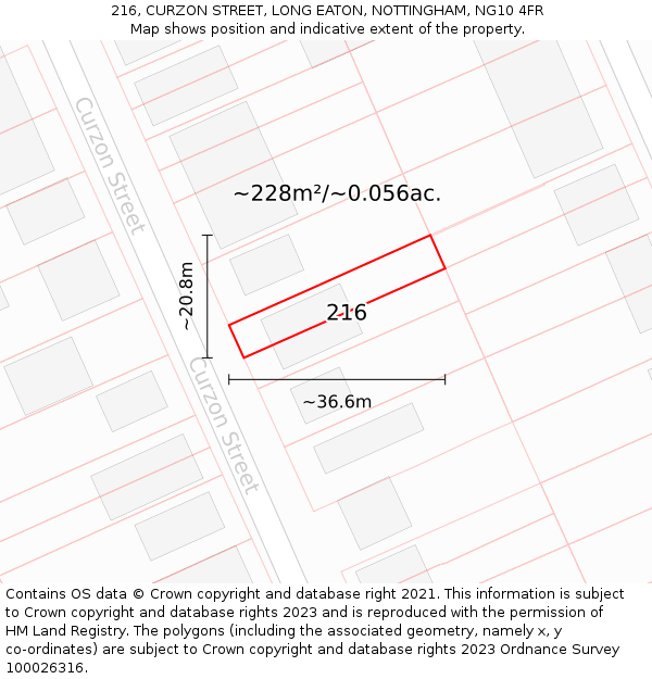 216, CURZON STREET, LONG EATON, NOTTINGHAM, NG10 4FR: Plot and title map