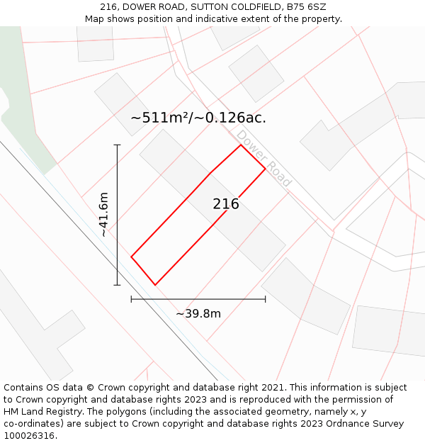 216, DOWER ROAD, SUTTON COLDFIELD, B75 6SZ: Plot and title map