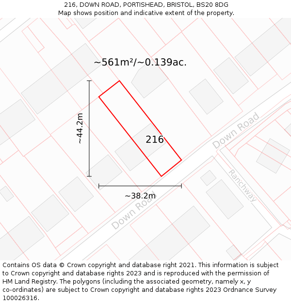 216, DOWN ROAD, PORTISHEAD, BRISTOL, BS20 8DG: Plot and title map