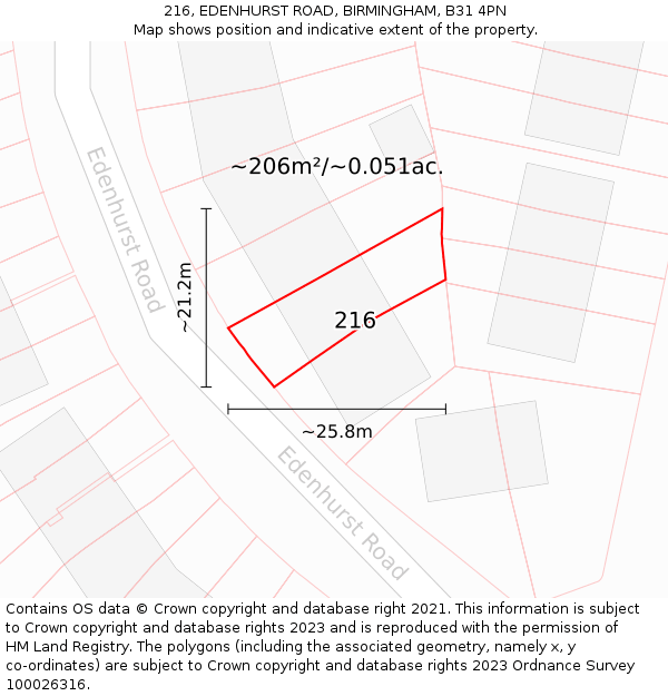 216, EDENHURST ROAD, BIRMINGHAM, B31 4PN: Plot and title map