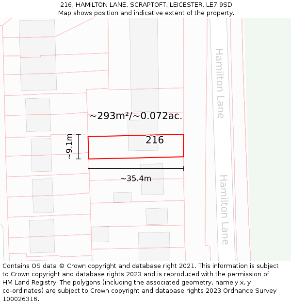 216, HAMILTON LANE, SCRAPTOFT, LEICESTER, LE7 9SD: Plot and title map