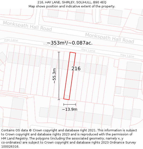 216, HAY LANE, SHIRLEY, SOLIHULL, B90 4EQ: Plot and title map