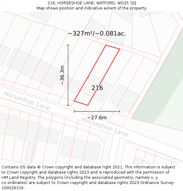 216, HORSESHOE LANE, WATFORD, WD25 7JQ: Plot and title map