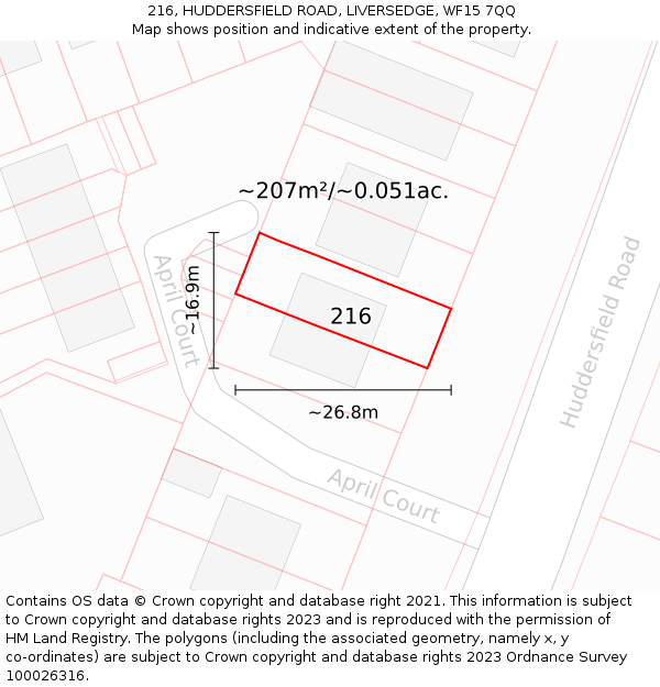 216, HUDDERSFIELD ROAD, LIVERSEDGE, WF15 7QQ: Plot and title map