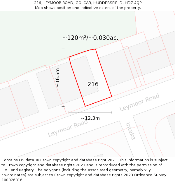 216, LEYMOOR ROAD, GOLCAR, HUDDERSFIELD, HD7 4QP: Plot and title map