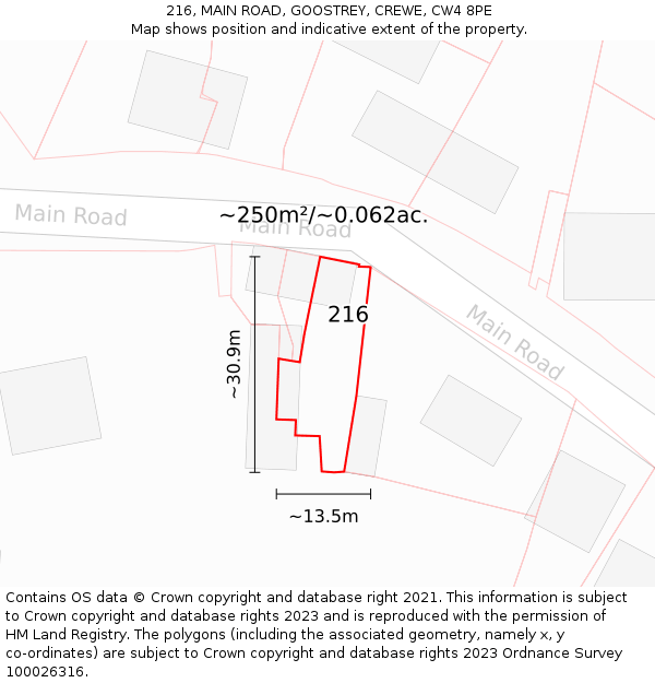 216, MAIN ROAD, GOOSTREY, CREWE, CW4 8PE: Plot and title map