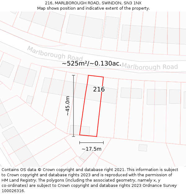 216, MARLBOROUGH ROAD, SWINDON, SN3 1NX: Plot and title map