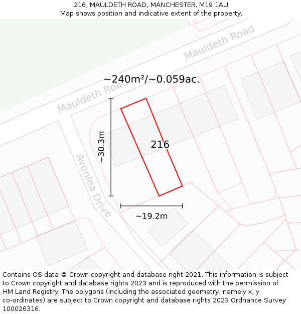 216, MAULDETH ROAD, MANCHESTER, M19 1AU: Plot and title map