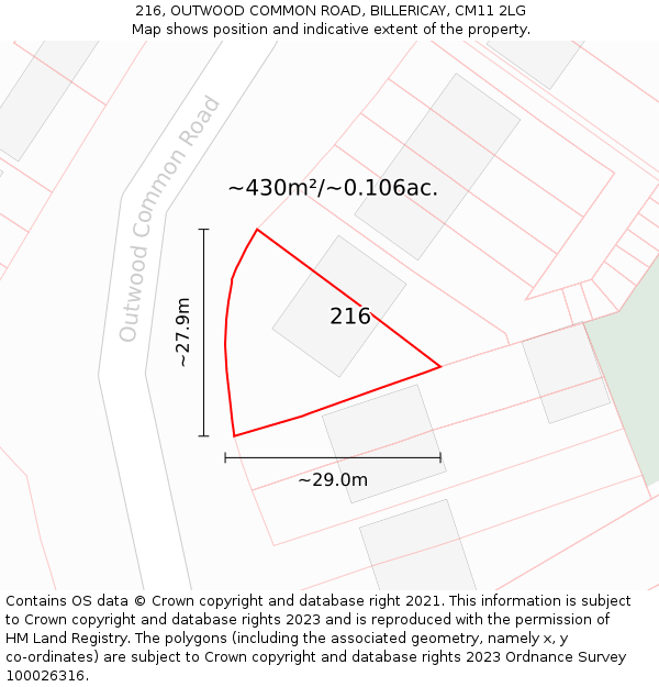 216, OUTWOOD COMMON ROAD, BILLERICAY, CM11 2LG: Plot and title map