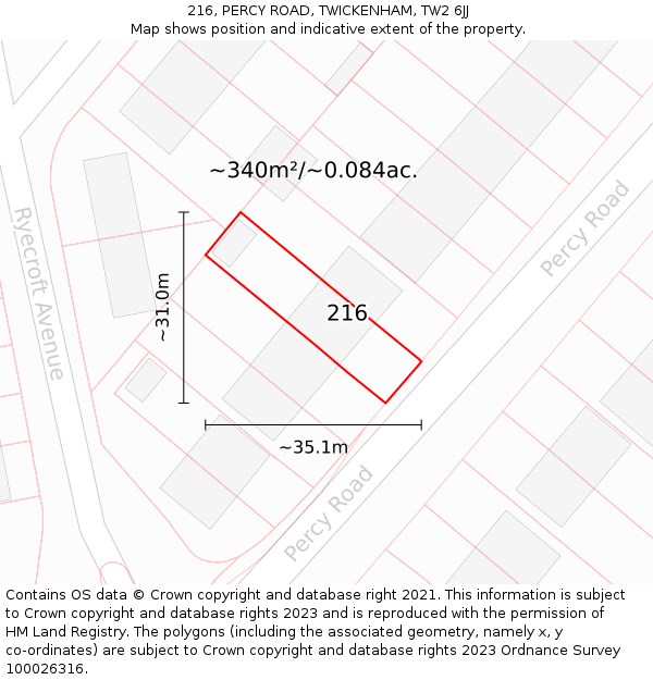 216, PERCY ROAD, TWICKENHAM, TW2 6JJ: Plot and title map