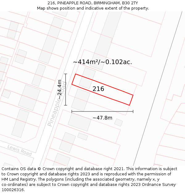 216, PINEAPPLE ROAD, BIRMINGHAM, B30 2TY: Plot and title map