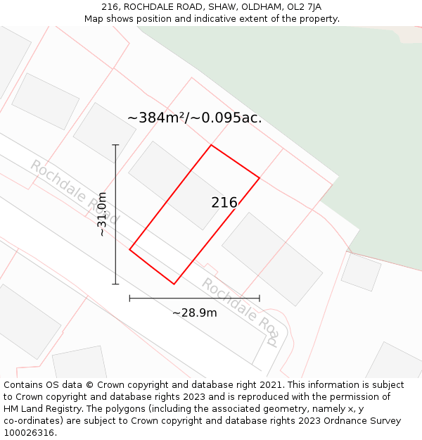216, ROCHDALE ROAD, SHAW, OLDHAM, OL2 7JA: Plot and title map