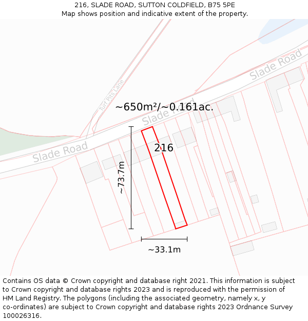 216, SLADE ROAD, SUTTON COLDFIELD, B75 5PE: Plot and title map