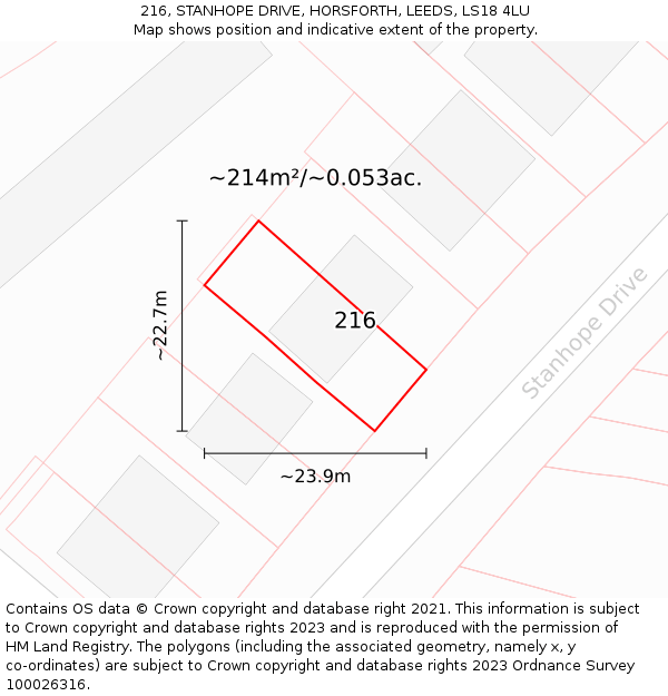 216, STANHOPE DRIVE, HORSFORTH, LEEDS, LS18 4LU: Plot and title map