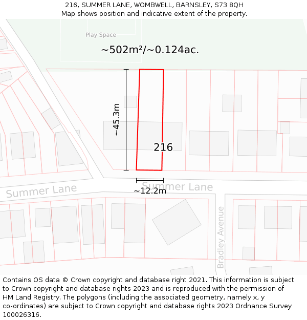 216, SUMMER LANE, WOMBWELL, BARNSLEY, S73 8QH: Plot and title map