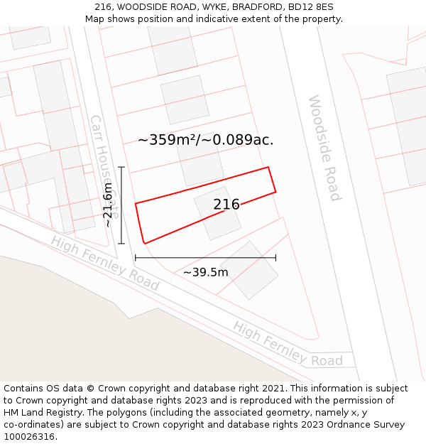 216, WOODSIDE ROAD, WYKE, BRADFORD, BD12 8ES: Plot and title map