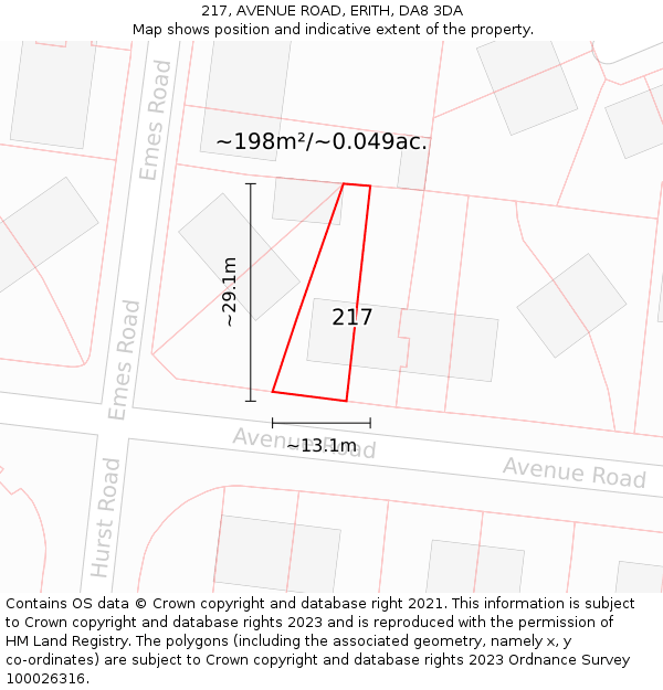 217, AVENUE ROAD, ERITH, DA8 3DA: Plot and title map