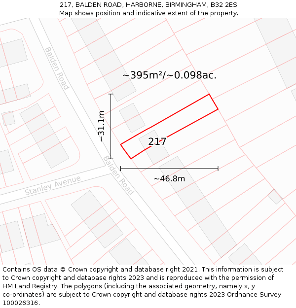 217, BALDEN ROAD, HARBORNE, BIRMINGHAM, B32 2ES: Plot and title map