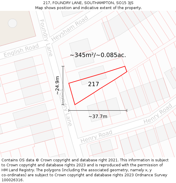 217, FOUNDRY LANE, SOUTHAMPTON, SO15 3JS: Plot and title map