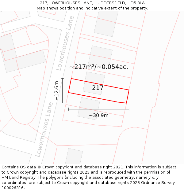 217, LOWERHOUSES LANE, HUDDERSFIELD, HD5 8LA: Plot and title map